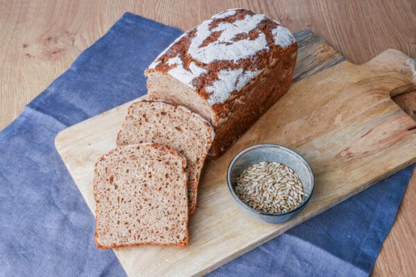Ein Laib Flechtorfer Roggenbrot aufgeschnitten auf einem Brättchen neben einer Schale mit Roggenkörnern